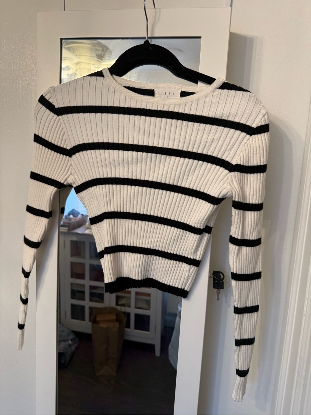 Lost + Wander Black and White Striped Ribbed Crewneck Sweater